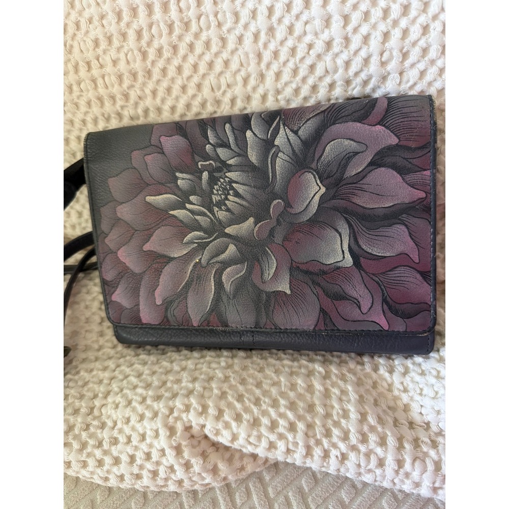 Anushcka, leather hand painted clutch Crossbody purse‎ Dahlia floral purple NWOT